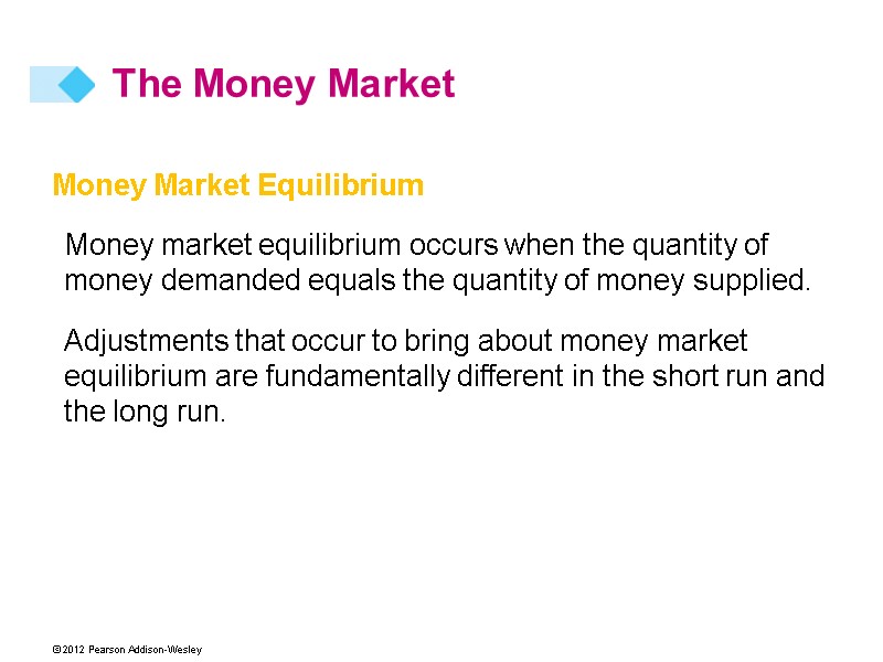 Money Market Equilibrium Money market equilibrium occurs when the quantity of money demanded equals